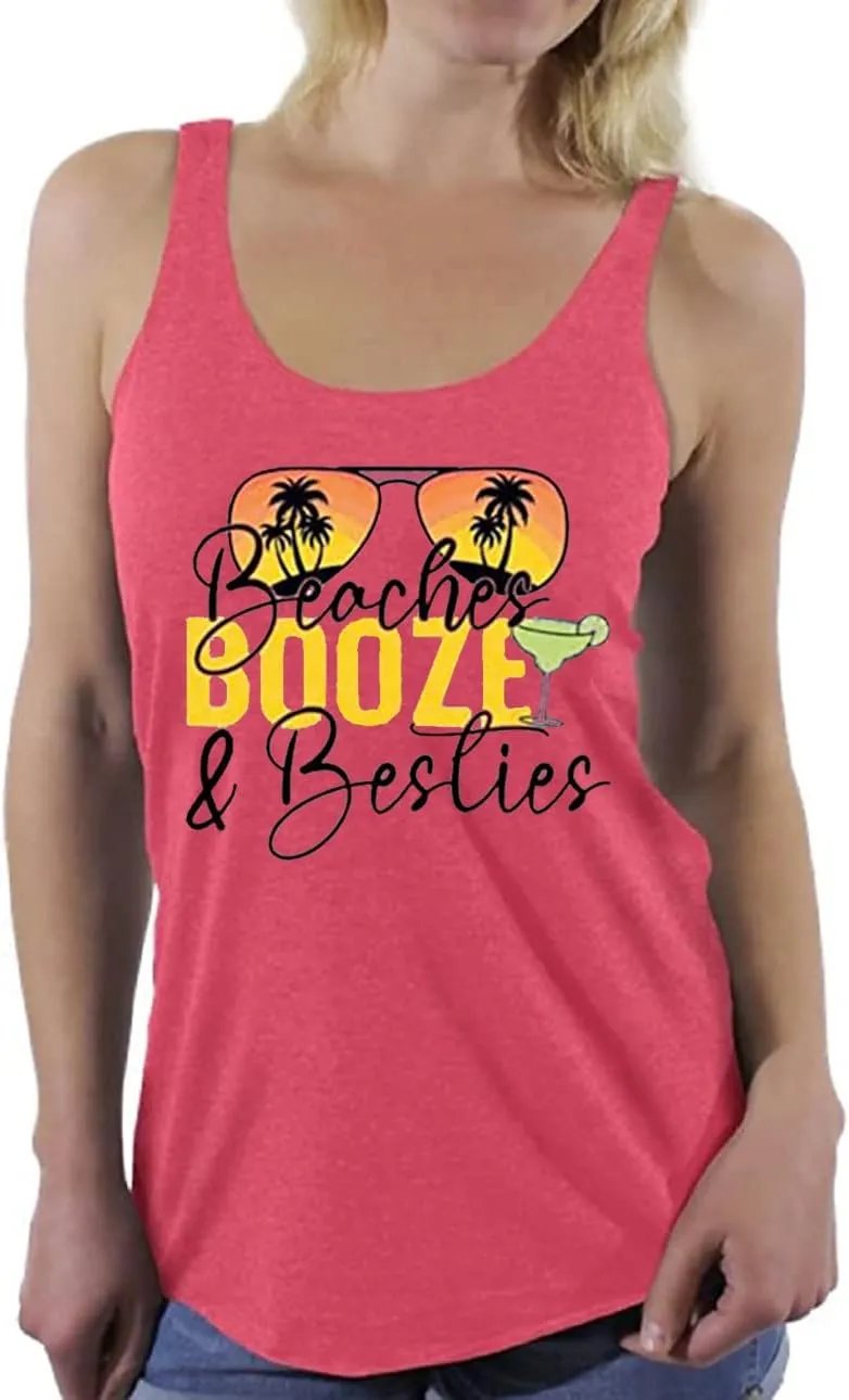 Beaches & Besties Racerback Tank Tops Women Summer Beach Vacation Tanks Funny Sunglasses Graphic Letter Print Shirt