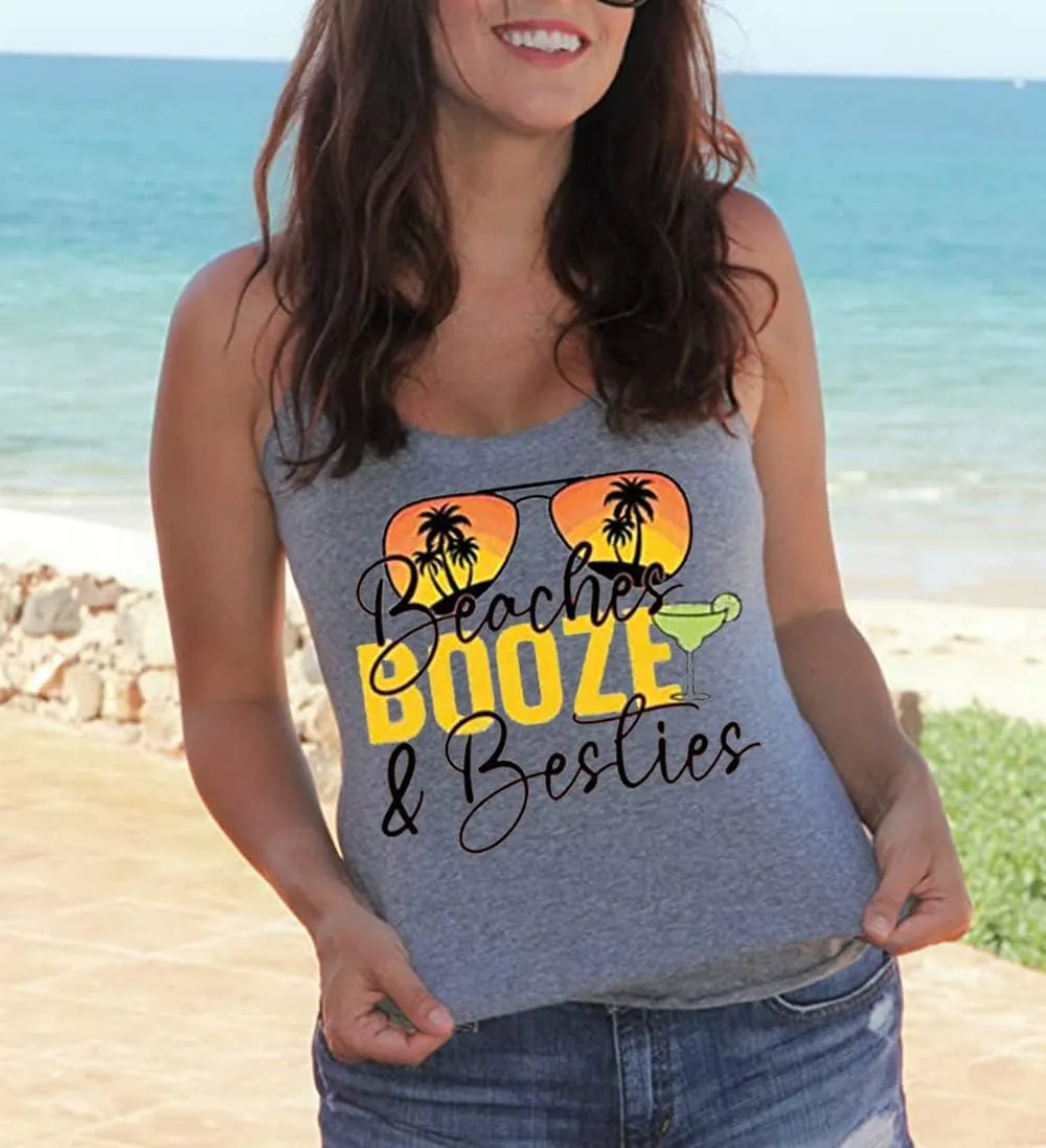 Beaches & Besties Racerback Tank Tops Women Summer Beach Vacation Tanks Funny Sunglasses Graphic Letter Print Shirt