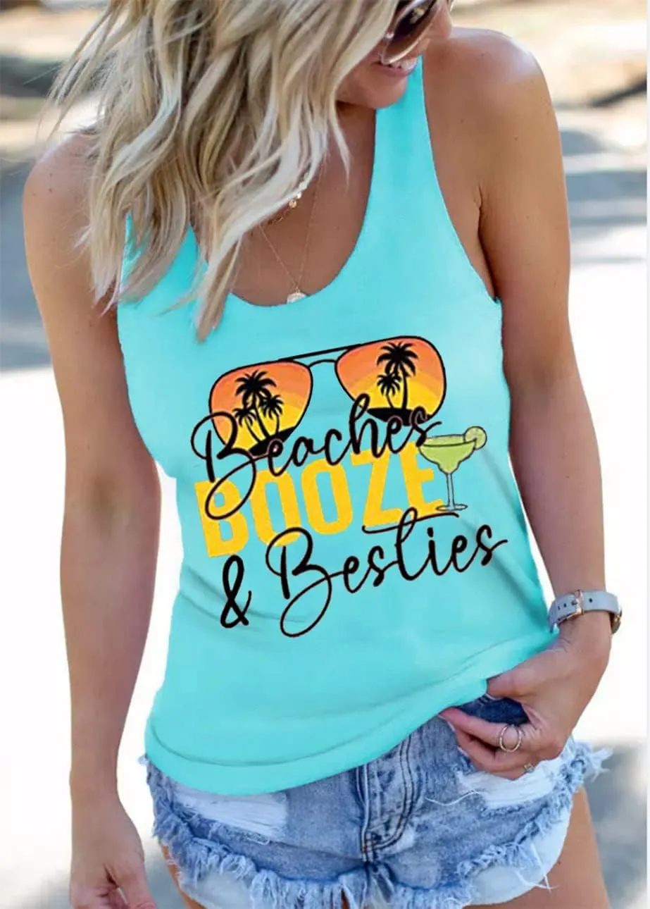 Beaches & Besties Racerback Tank Tops Women Summer Beach Vacation Tanks Funny Sunglasses Graphic Letter Print Shirt