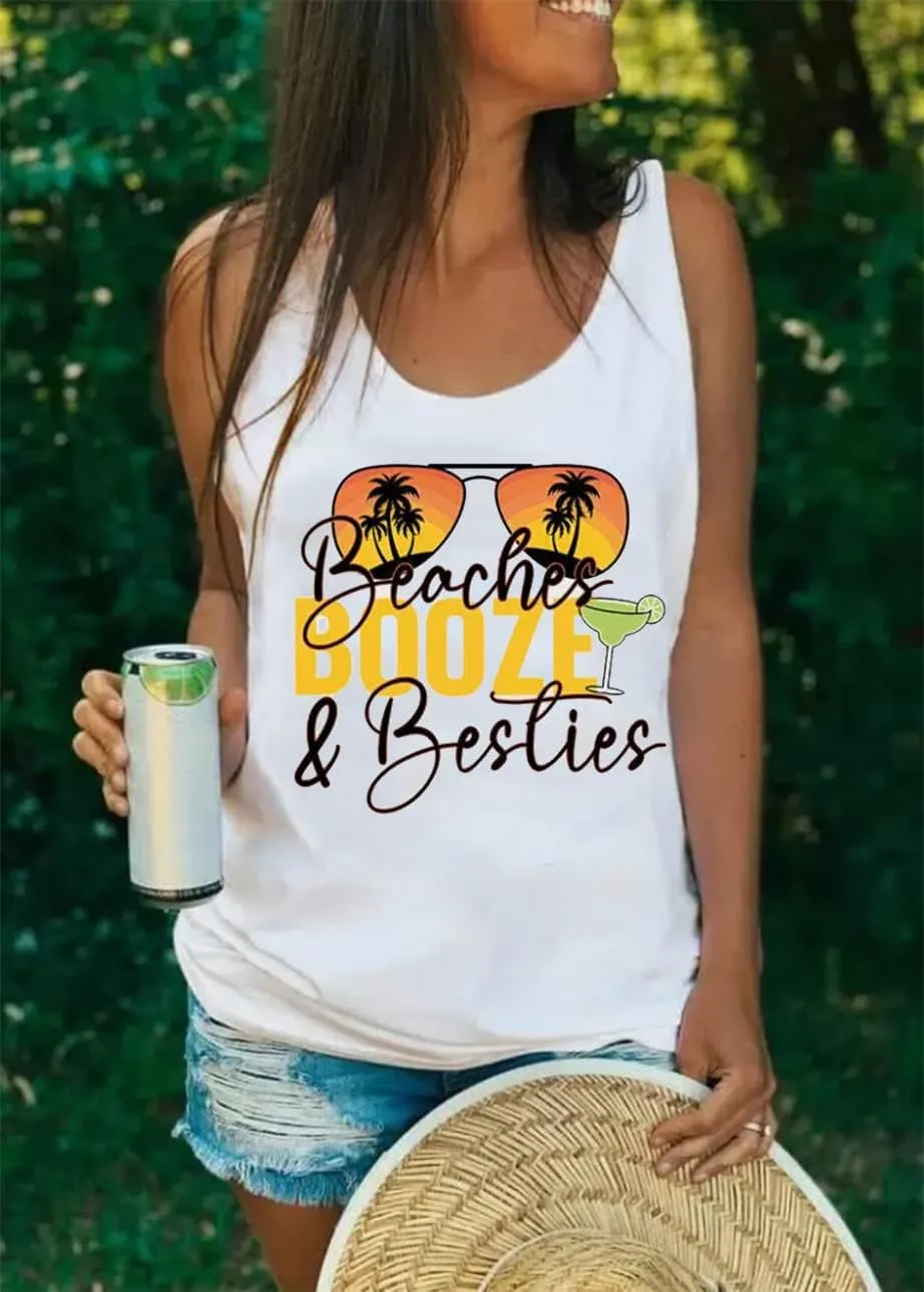 Beaches & Besties Racerback Tank Tops Women Summer Beach Vacation Tanks Funny Sunglasses Graphic Letter Print Shirt