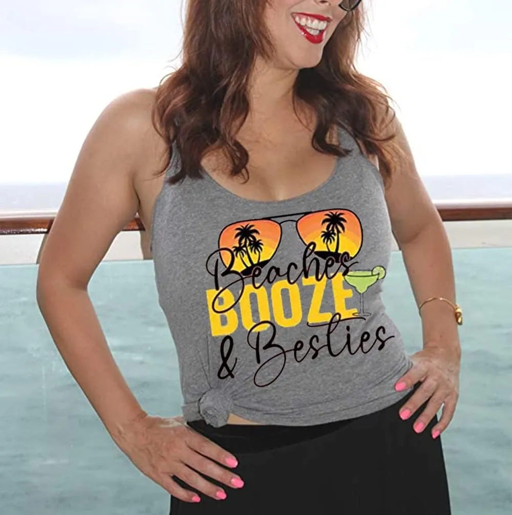 Beaches & Besties Racerback Tank Tops Women Summer Beach Vacation Tanks Funny Sunglasses Graphic Letter Print Shirt