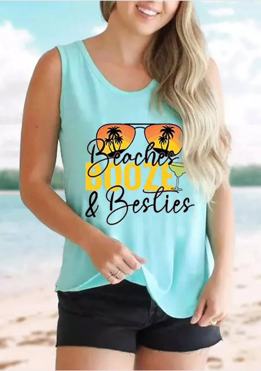 Beaches & Besties Racerback Tank Tops Women Summer Beach Vacation Tanks Funny Sunglasses Graphic Letter Print Shirt