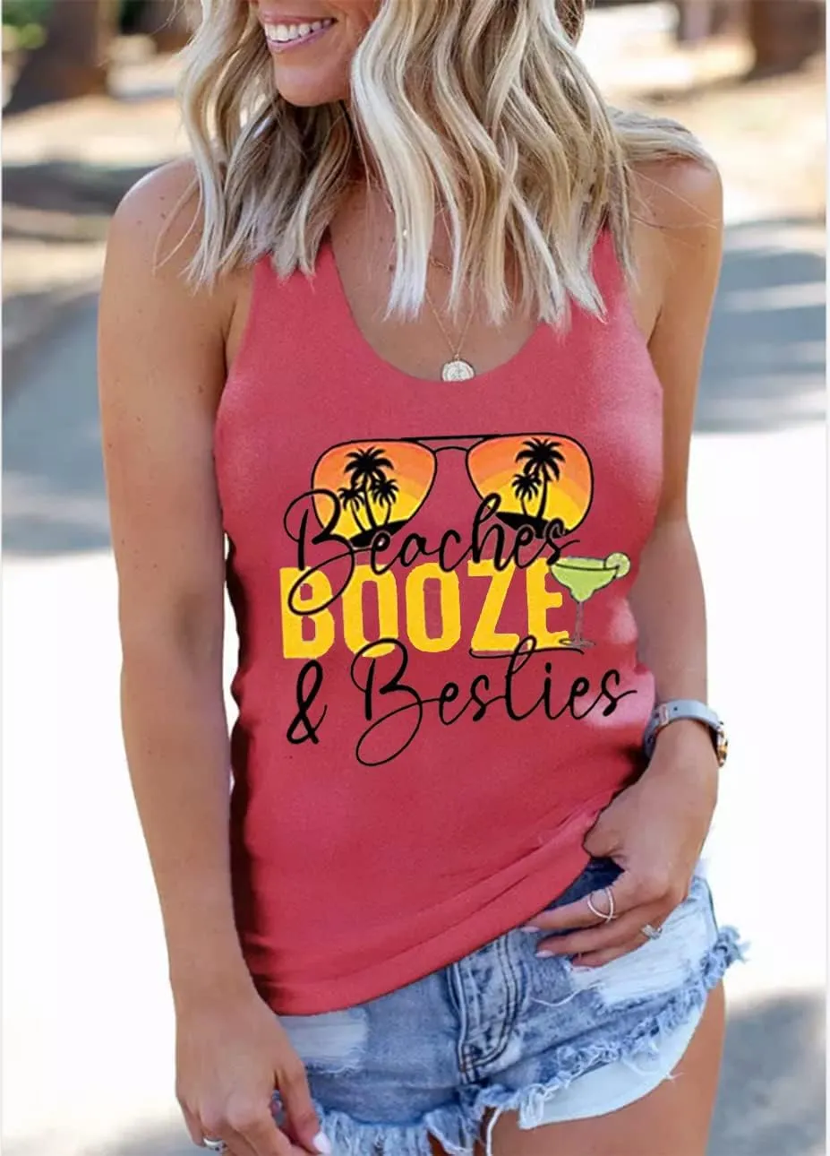 Beaches & Besties Racerback Tank Tops Women Summer Beach Vacation Tanks Funny Sunglasses Graphic Letter Print Shirt