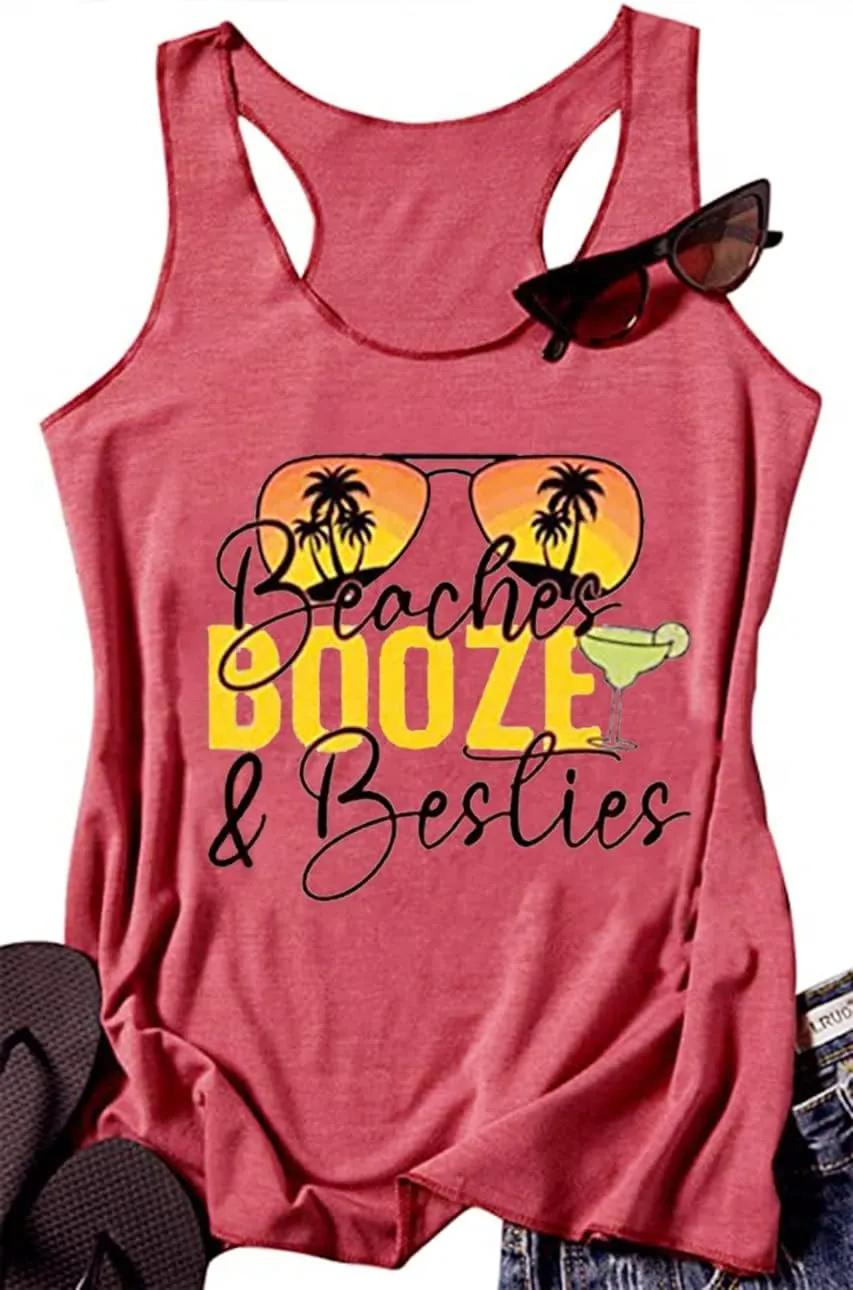 Beaches & Besties Racerback Tank Tops Women Summer Beach Vacation Tanks Funny Sunglasses Graphic Letter Print Shirt