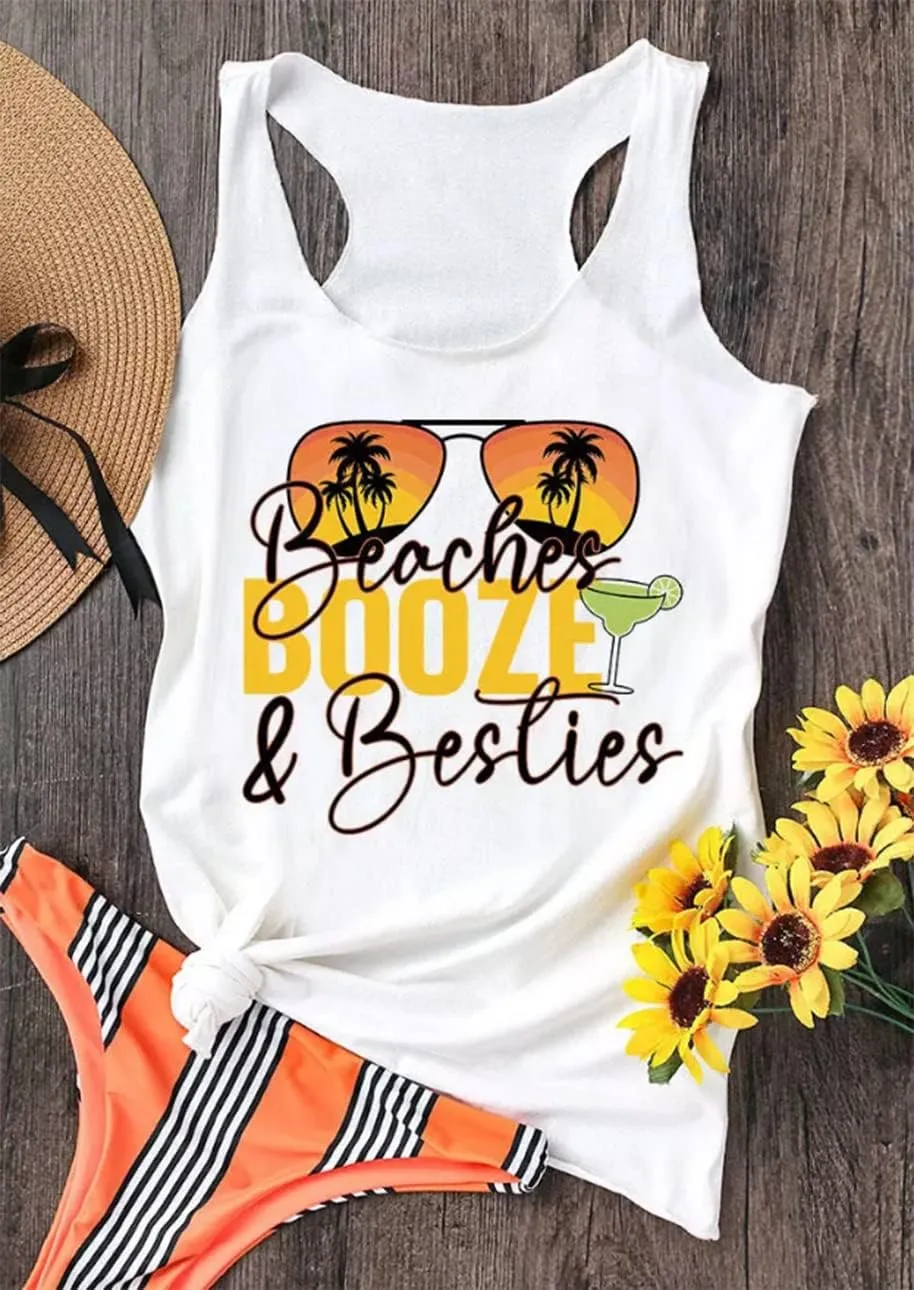 Beaches & Besties Racerback Tank Tops Women Summer Beach Vacation Tanks Funny Sunglasses Graphic Letter Print Shirt