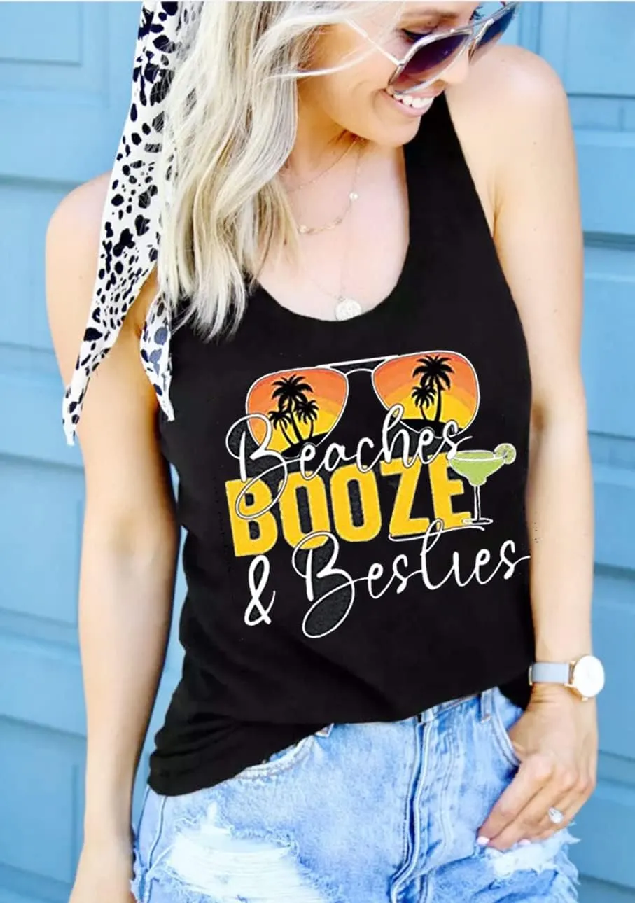 Beaches & Besties Racerback Tank Tops Women Summer Beach Vacation Tanks Funny Sunglasses Graphic Letter Print Shirt