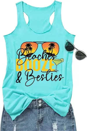 Beaches & Besties Racerback Tank Tops Women Summer Beach Vacation Tanks Funny Sunglasses Graphic Letter Print Shirt