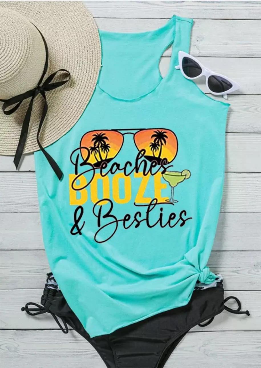 Beaches & Besties Racerback Tank Tops Women Summer Beach Vacation Tanks Funny Sunglasses Graphic Letter Print Shirt