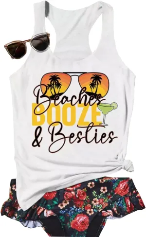 Beaches & Besties Racerback Tank Tops Women Summer Beach Vacation Tanks Funny Sunglasses Graphic Letter Print Shirt
