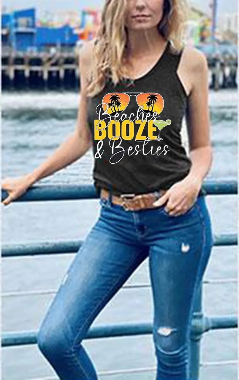 Beaches & Besties Racerback Tank Tops Women Summer Beach Vacation Tanks Funny Sunglasses Graphic Letter Print Shirt