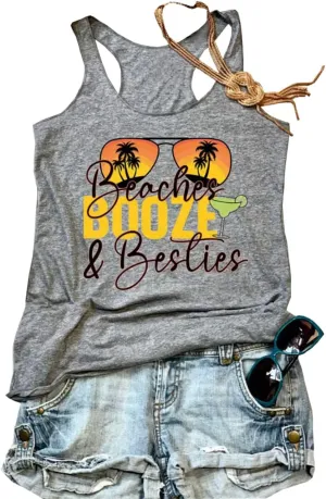Beaches & Besties Racerback Tank Tops Women Summer Beach Vacation Tanks Funny Sunglasses Graphic Letter Print Shirt