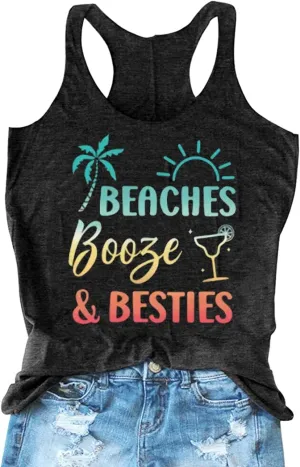 Beaches & Besties Racerback Tank Tops Women Summer Beach Vacation Tanks Funny Sunglasses Graphic Letter Print Shirt