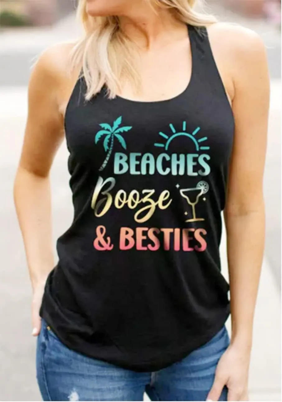 Beaches & Besties Racerback Tank Tops Women Summer Beach Vacation Tanks Funny Sunglasses Graphic Letter Print Shirt