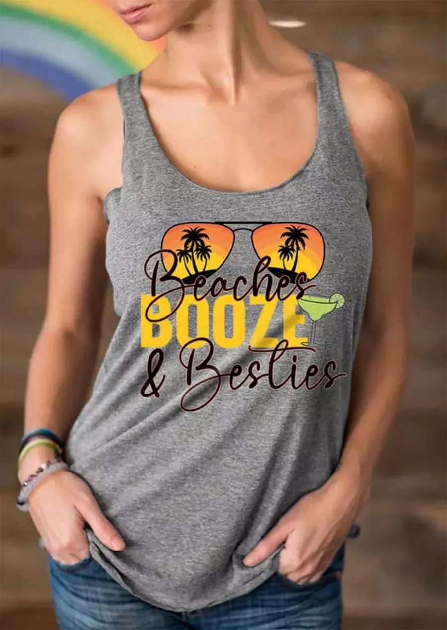 Beaches & Besties Racerback Tank Tops Women Summer Beach Vacation Tanks Funny Sunglasses Graphic Letter Print Shirt