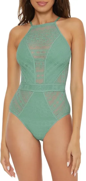 BECCA Women's Color Play Crochet One Piece Swimsuit, High Neck, Bathing Suits