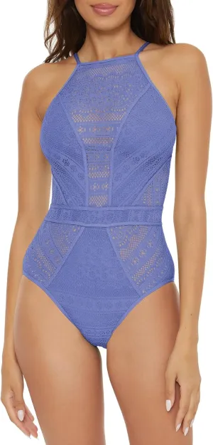 BECCA Women's Color Play Crochet One Piece Swimsuit, High Neck, Bathing Suits