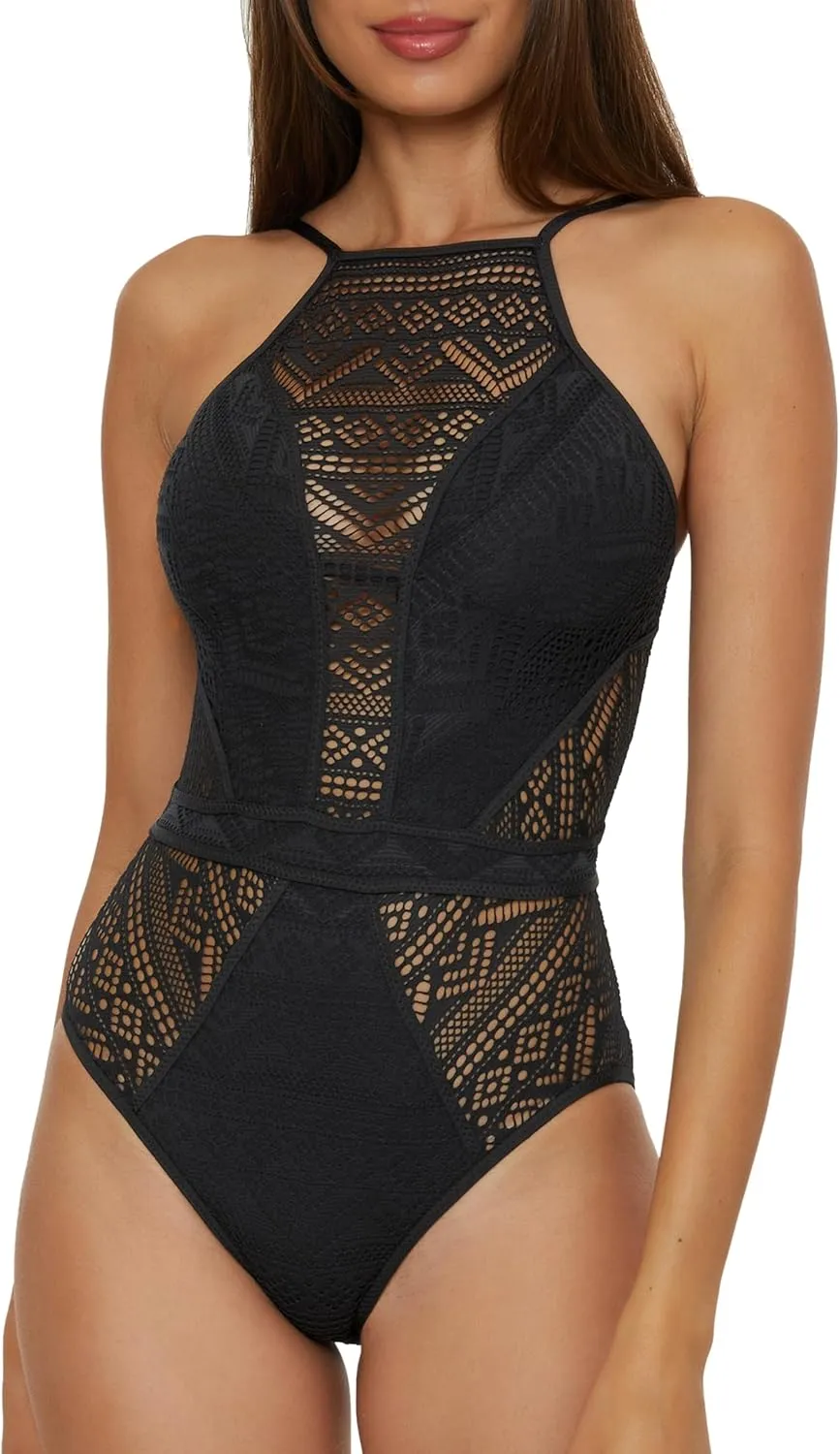 BECCA Women's Color Play Crochet One Piece Swimsuit, High Neck, Bathing Suits