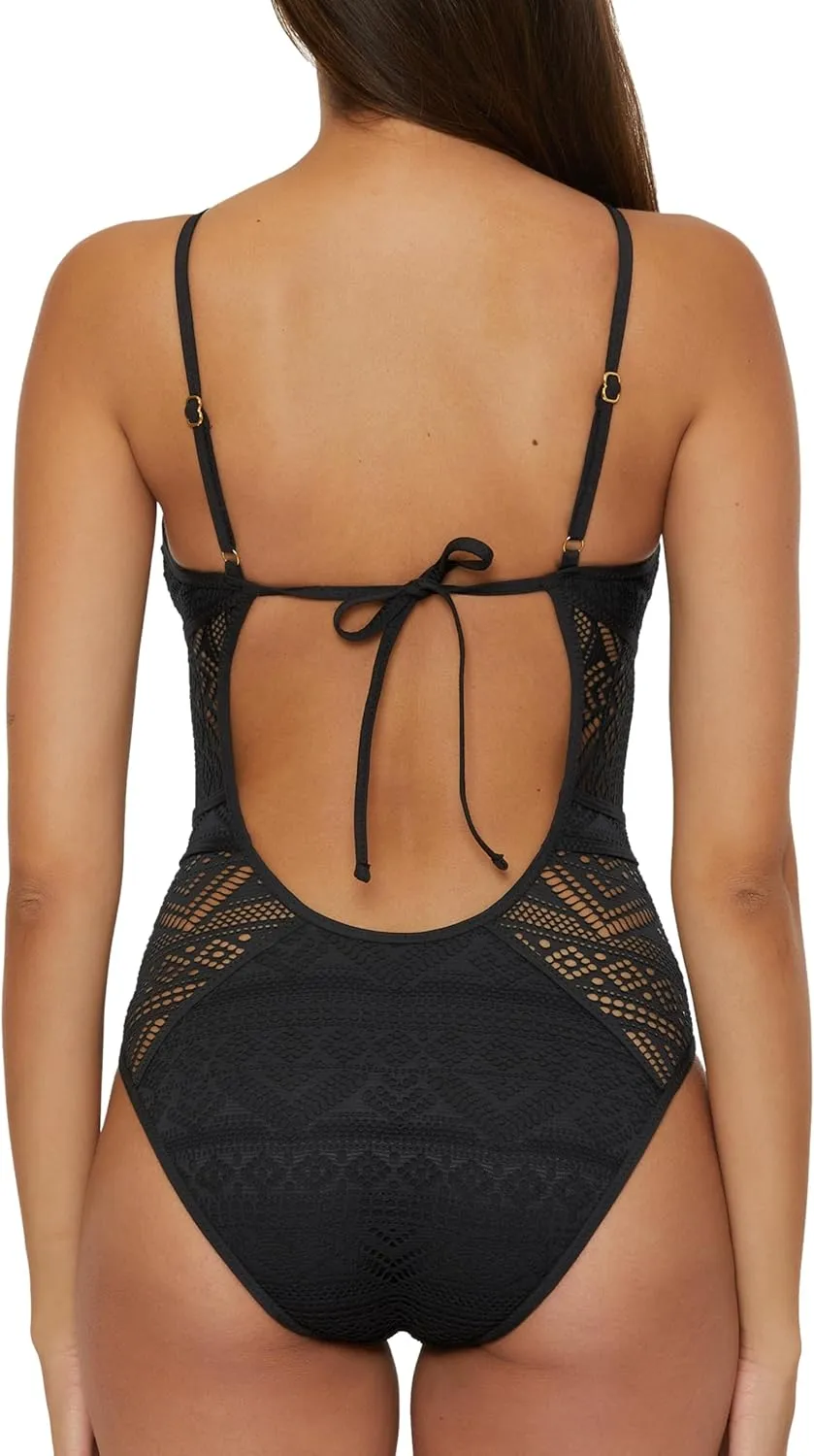 BECCA Women's Color Play Crochet One Piece Swimsuit, High Neck, Bathing Suits