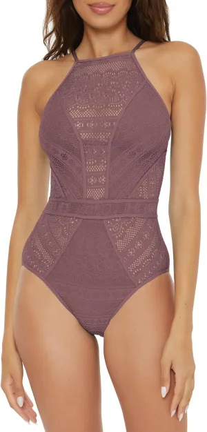BECCA Women's Color Play Crochet One Piece Swimsuit, High Neck, Bathing Suits