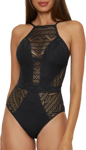 BECCA Women's Color Play Crochet One Piece Swimsuit, High Neck, Bathing Suits