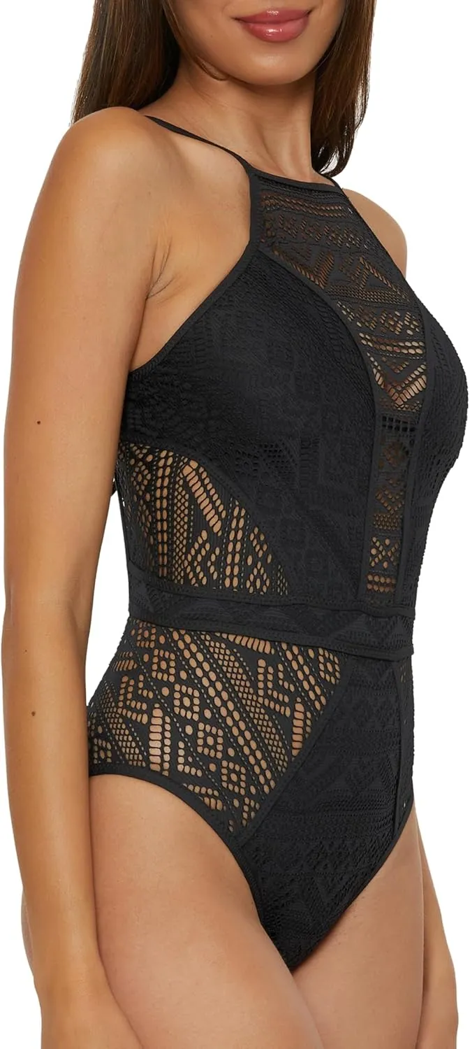 BECCA Women's Color Play Crochet One Piece Swimsuit, High Neck, Bathing Suits