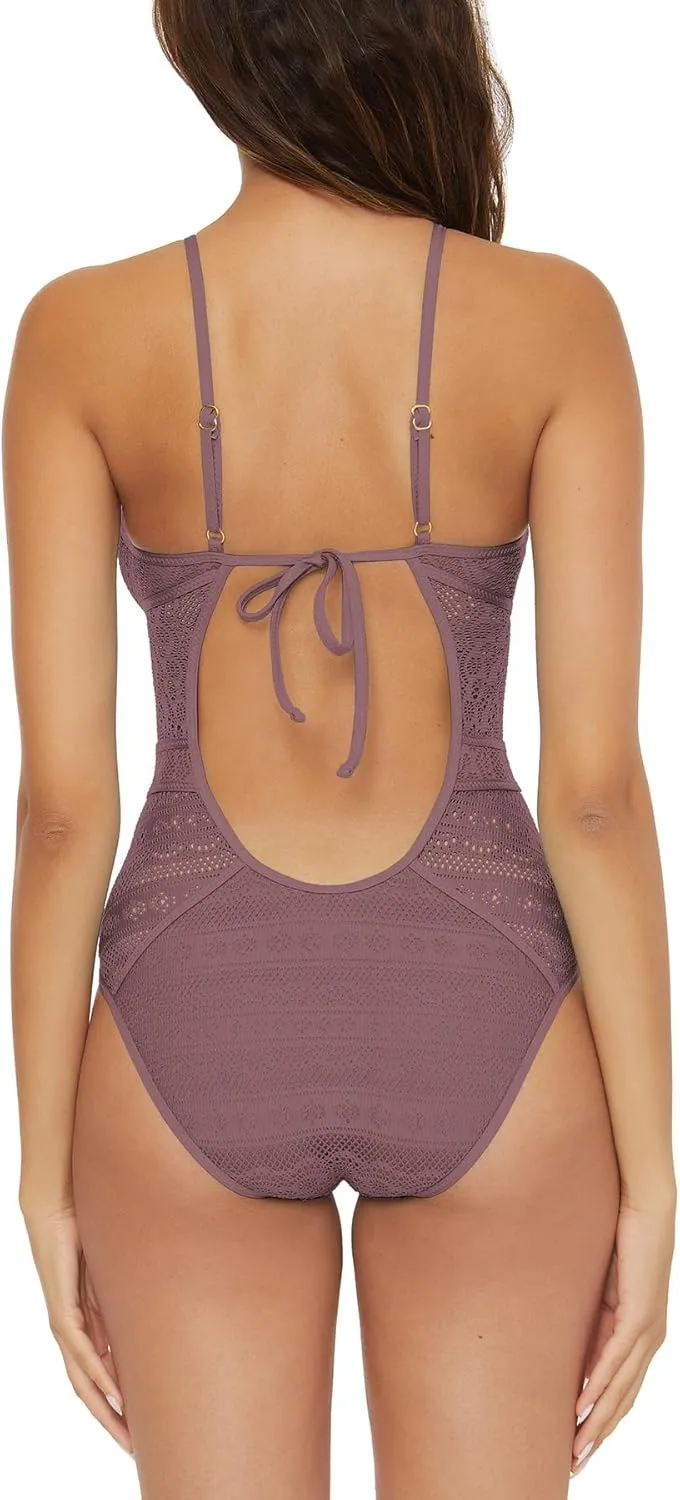 BECCA Women's Color Play Crochet One Piece Swimsuit, High Neck, Bathing Suits