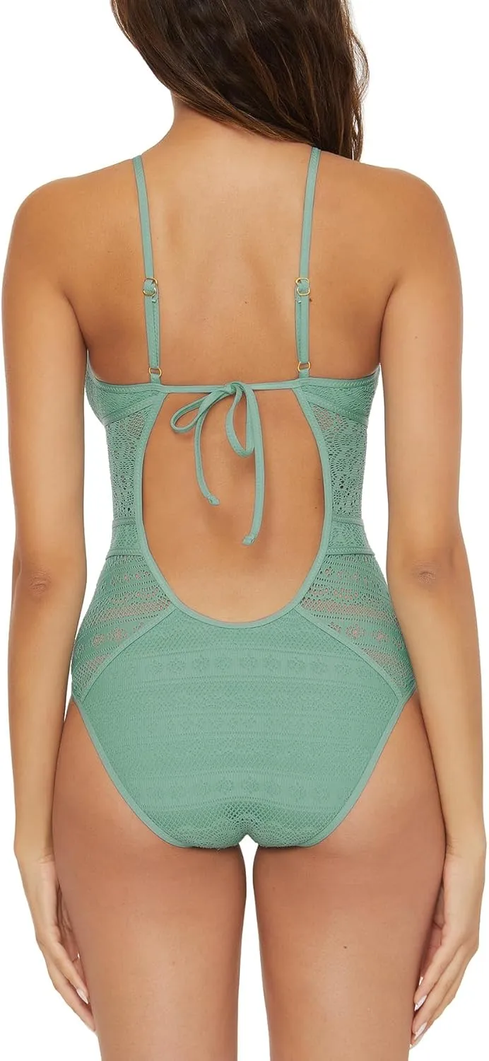 BECCA Women's Color Play Crochet One Piece Swimsuit, High Neck, Bathing Suits