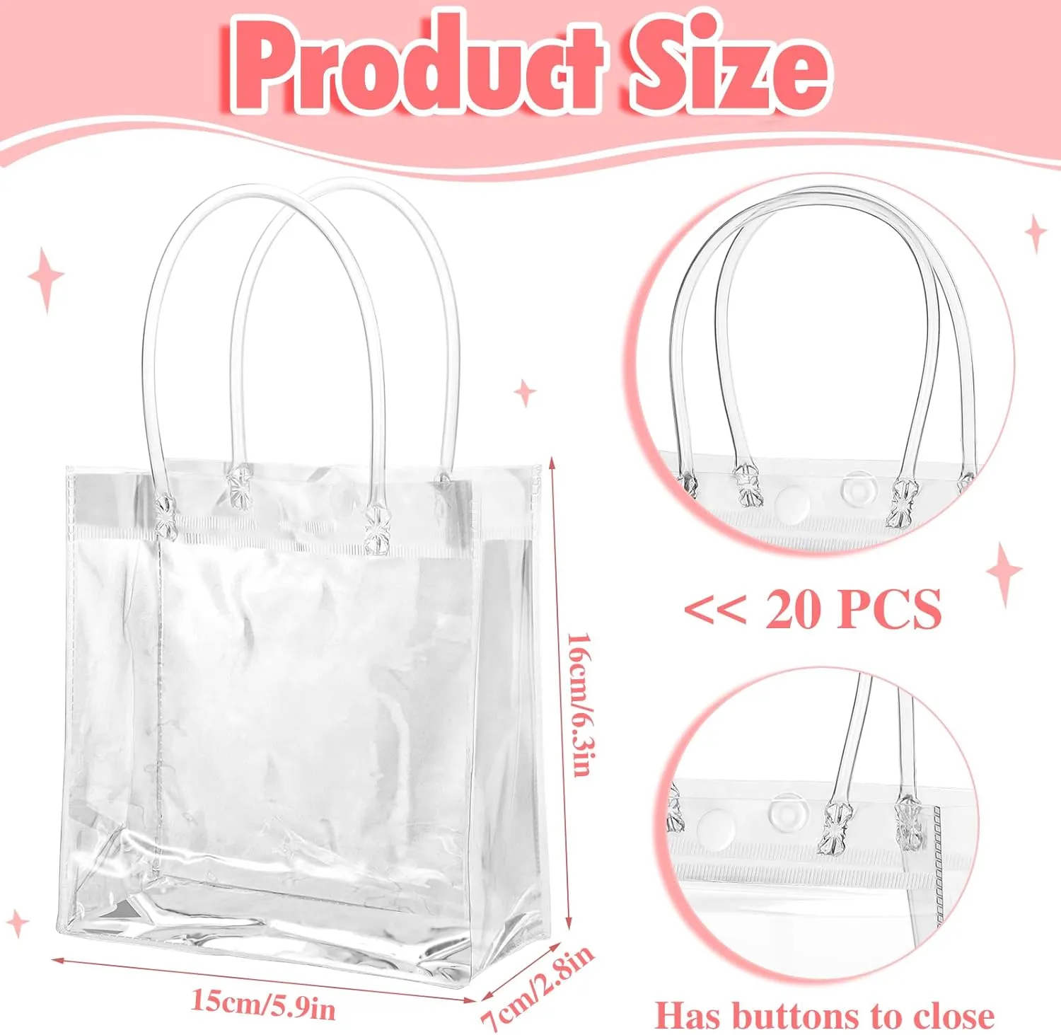 BESARME 20 Pack 6.3" x 5.9" x 2.8" Clear Gift Bags with Handle, Reusable Plastic Small Gift Bags for Party Favors Wedding Birthday