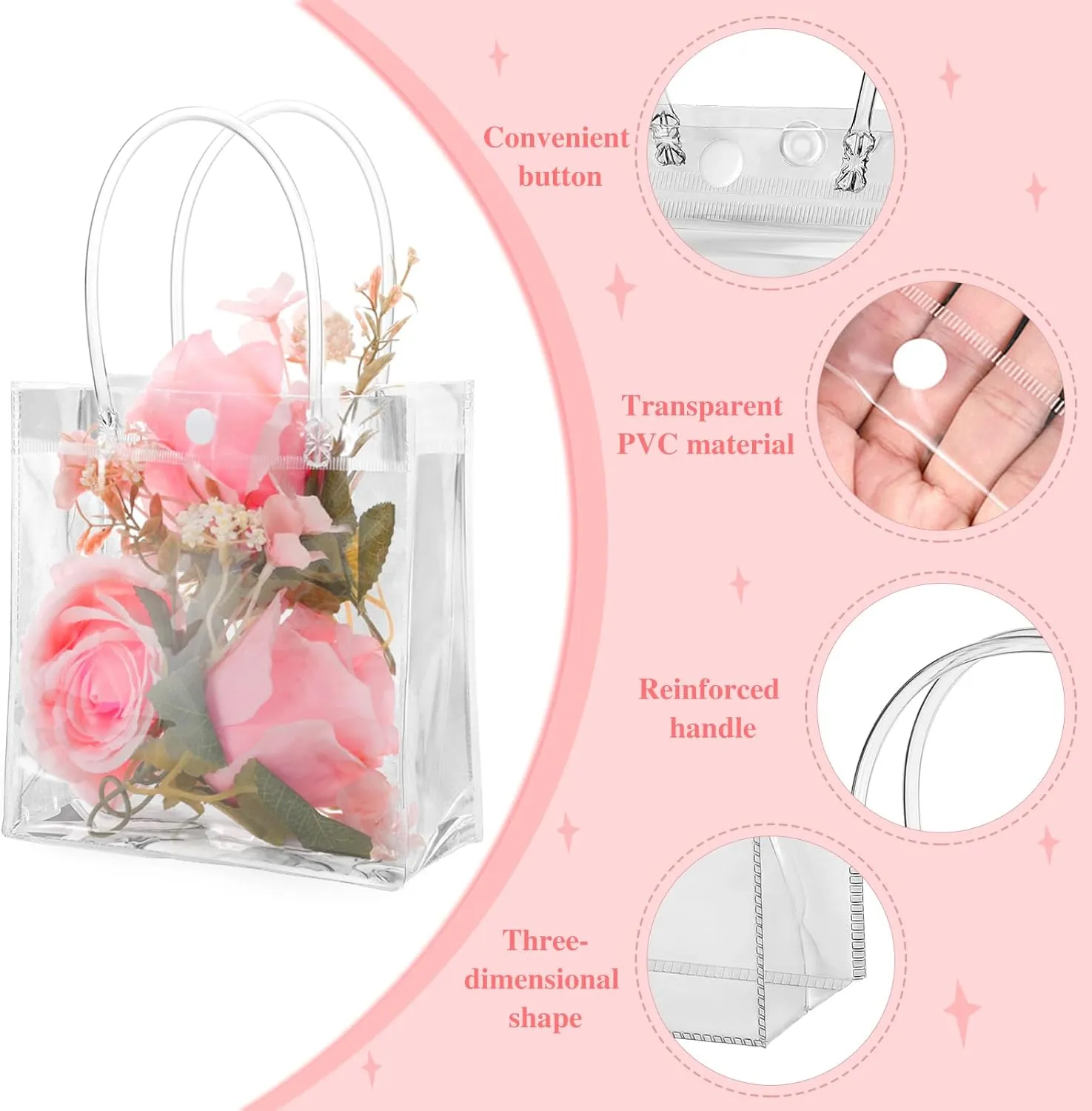 BESARME 20 Pack 6.3" x 5.9" x 2.8" Clear Gift Bags with Handle, Reusable Plastic Small Gift Bags for Party Favors Wedding Birthday