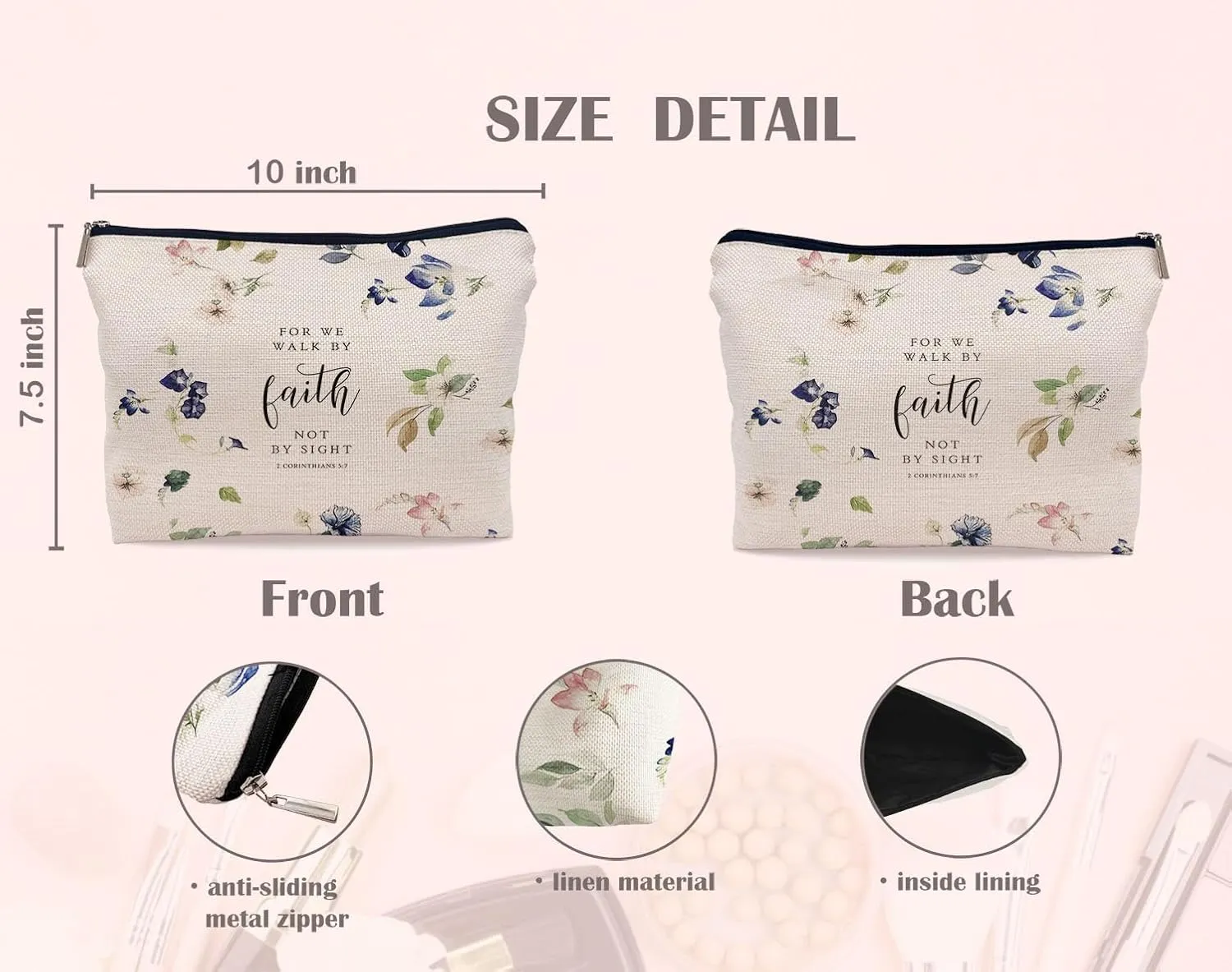 Bible Scripture 1 Corinthians 5:7 for Me Walk by Faith not by Sight Floral Makeup Bag Christian Religious Cosmetic Makeup Bag,Gifts for Christian Women Girls