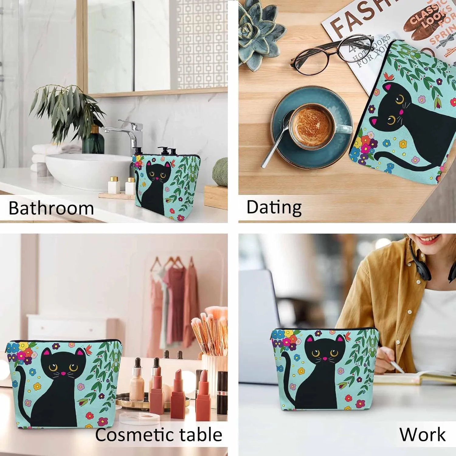 Black Cat Makeup Bag For Women, Adorable Cosmetic Bag Makeup Bags, Funny Kitten Cat Flowers Garden Zipper Bag Travel Bags Toiletry Organizers Pouch Bags Washing Bags For Gym Bathroom