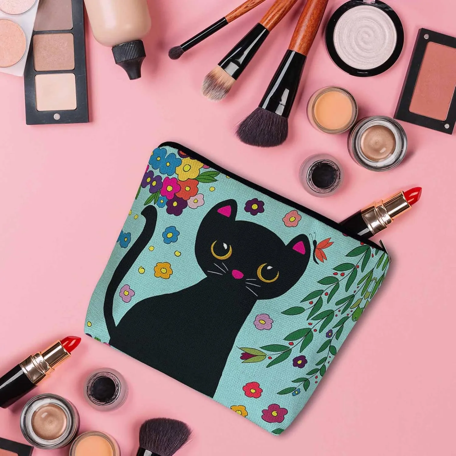 Black Cat Makeup Bag For Women, Adorable Cosmetic Bag Makeup Bags, Funny Kitten Cat Flowers Garden Zipper Bag Travel Bags Toiletry Organizers Pouch Bags Washing Bags For Gym Bathroom