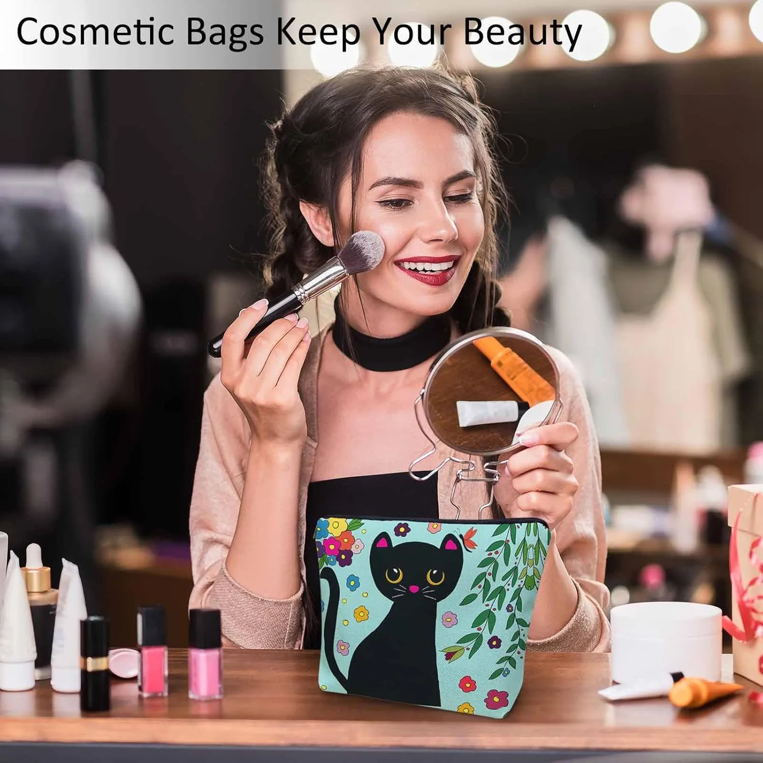 Black Cat Makeup Bag For Women, Adorable Cosmetic Bag Makeup Bags, Funny Kitten Cat Flowers Garden Zipper Bag Travel Bags Toiletry Organizers Pouch Bags Washing Bags For Gym Bathroom