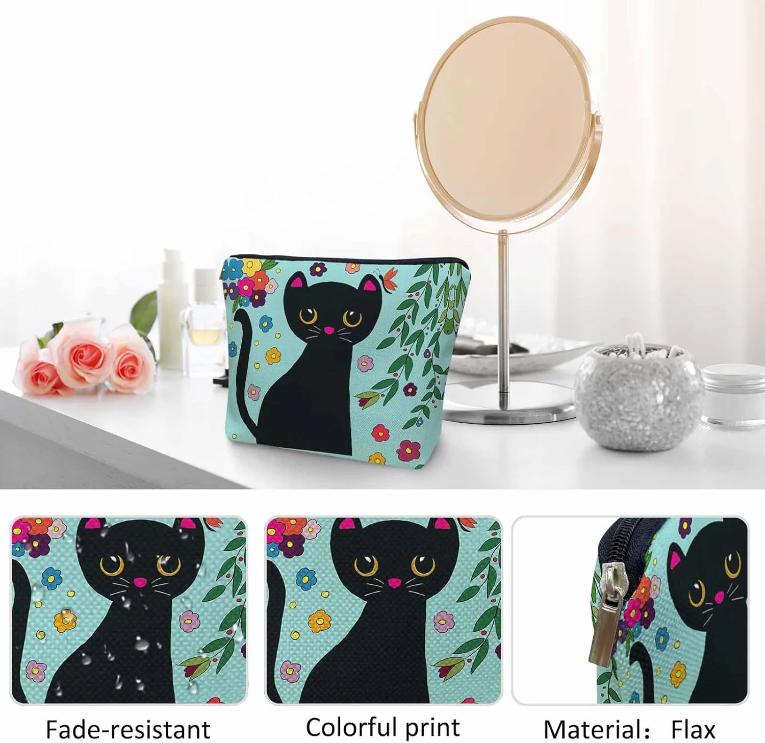 Black Cat Makeup Bag For Women, Adorable Cosmetic Bag Makeup Bags, Funny Kitten Cat Flowers Garden Zipper Bag Travel Bags Toiletry Organizers Pouch Bags Washing Bags For Gym Bathroom