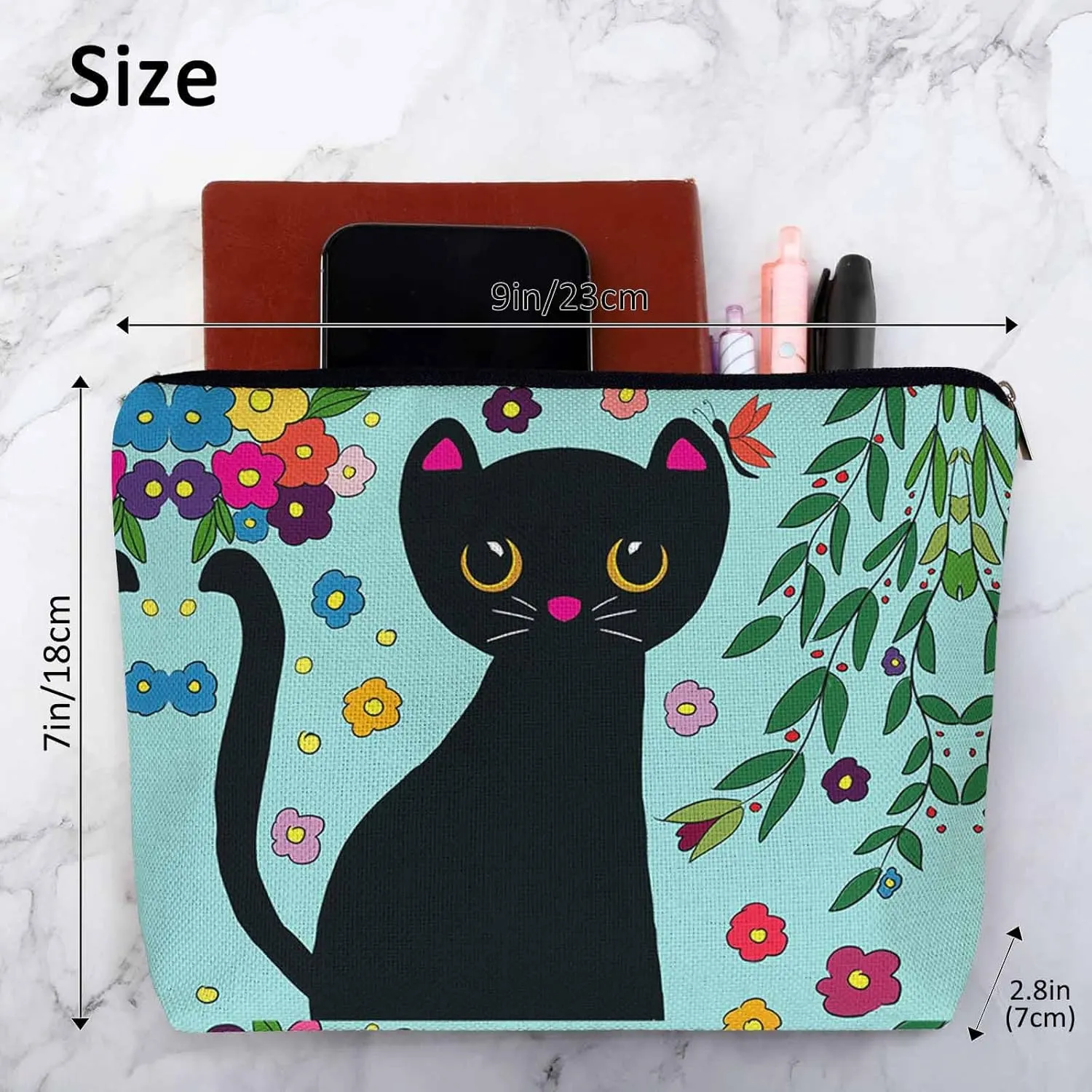 Black Cat Makeup Bag For Women, Adorable Cosmetic Bag Makeup Bags, Funny Kitten Cat Flowers Garden Zipper Bag Travel Bags Toiletry Organizers Pouch Bags Washing Bags For Gym Bathroom