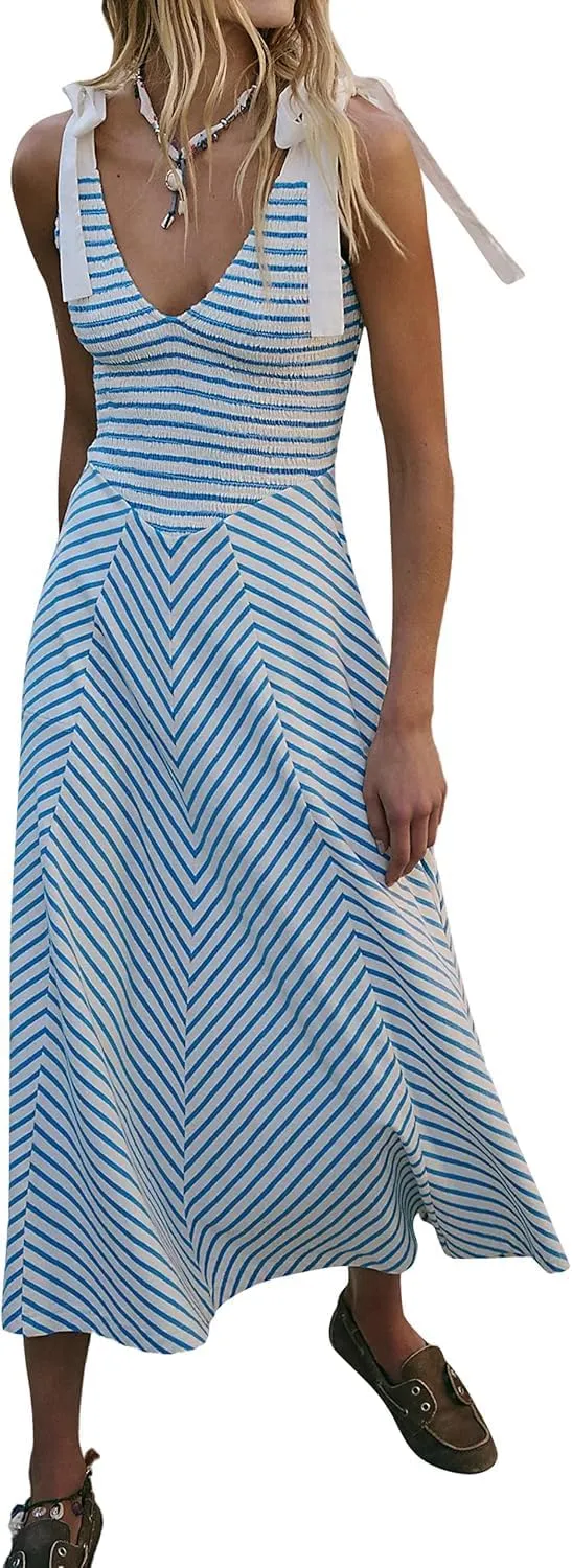 BONVEN Womens Boho Striped Smocked Maxi Dresses Deep V Neck Beach Sundress Summer Casual Dress with Pockets