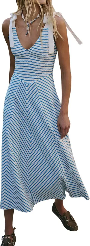 BONVEN Womens Boho Striped Smocked Maxi Dresses Deep V Neck Beach Sundress Summer Casual Dress with Pockets