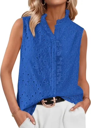 BTFBM Women's Sleeveless Button Down Shirts Ruffle V Neck Casual Hollow Out Eyelet Tops Boho Summer Vacation Blouse 2025