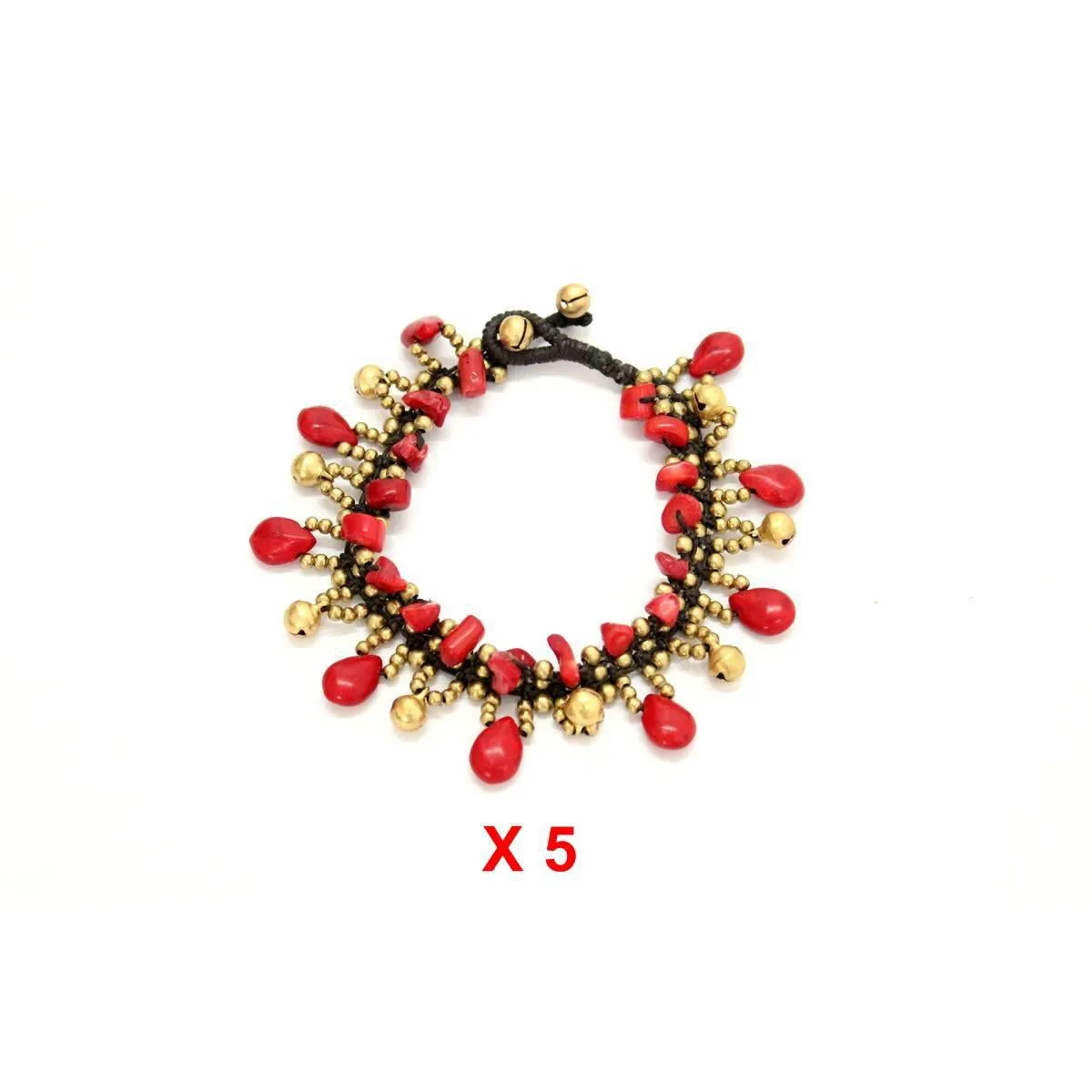 BUNDLE: 5 Piece Red Stone & Brass Bells Belly Dancing Anklet - Thailand