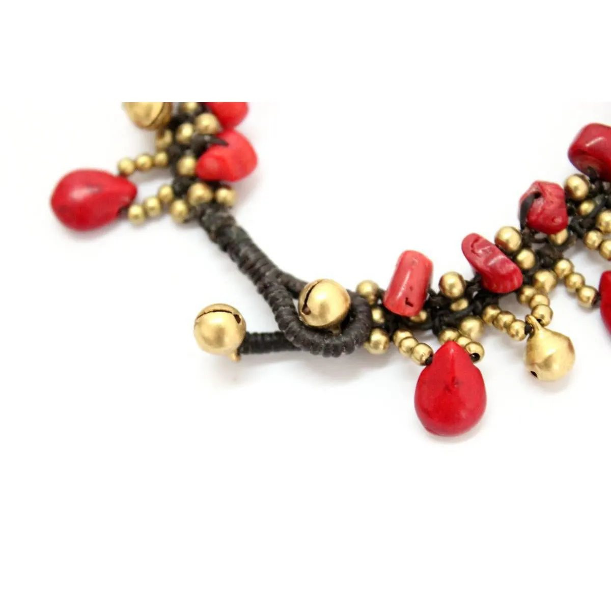 BUNDLE: 5 Piece Red Stone & Brass Bells Belly Dancing Anklet - Thailand