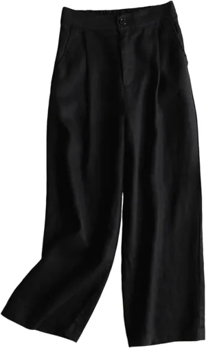 Business Casual Pants for Women Casual High Waist Wide Leg Straight Dressy Cotton Linen Pants Button Trousers