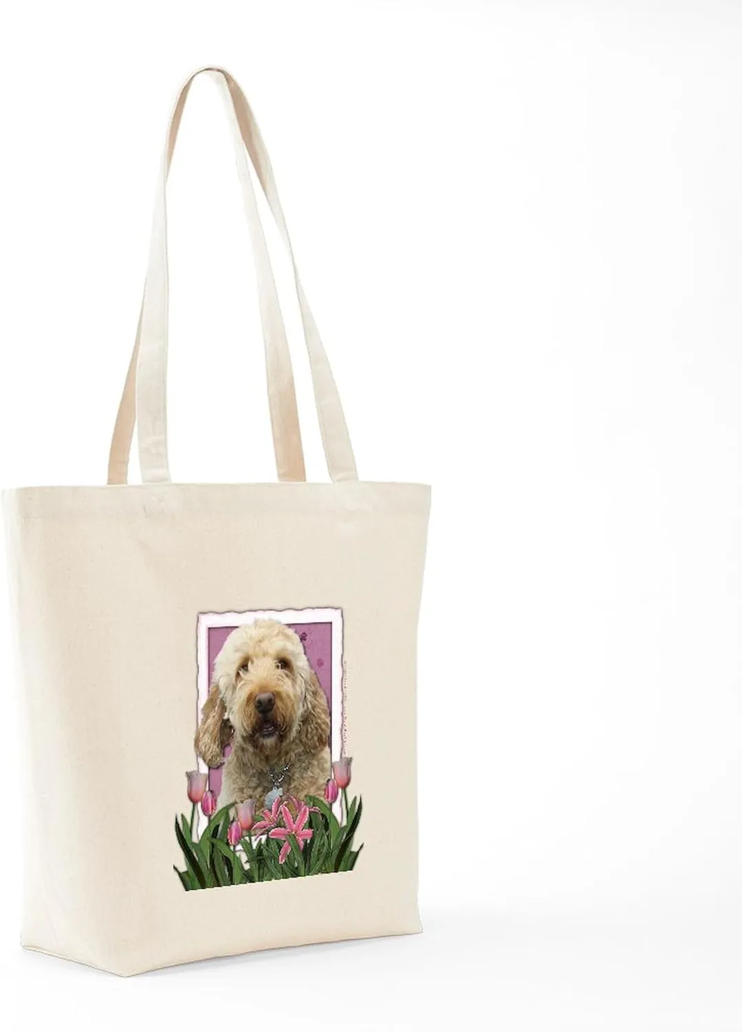 CafePress Mothers Day Goldendoodle Pink Tulips Tote Bag Natural Canvas Tote Bag, Reusable Shopping Bag