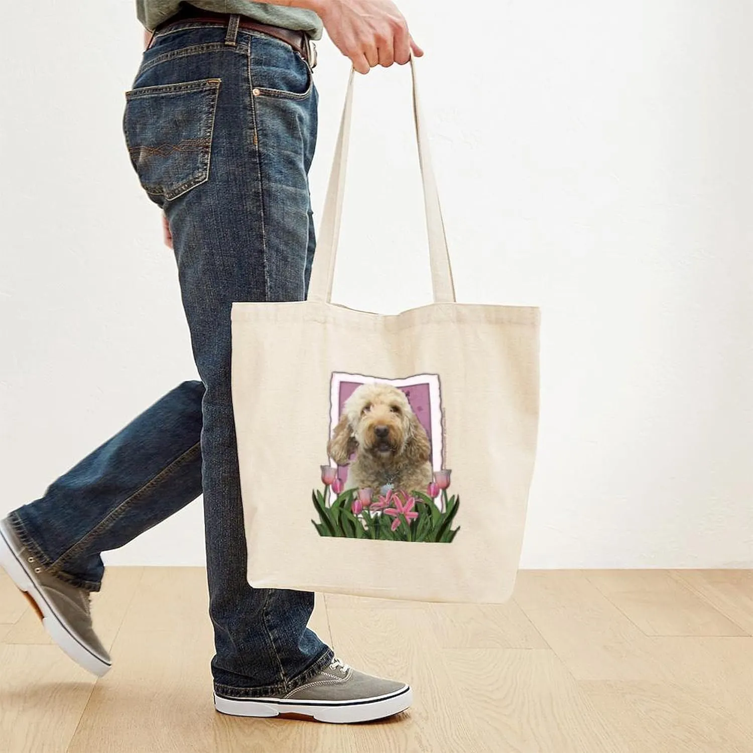 CafePress Mothers Day Goldendoodle Pink Tulips Tote Bag Natural Canvas Tote Bag, Reusable Shopping Bag