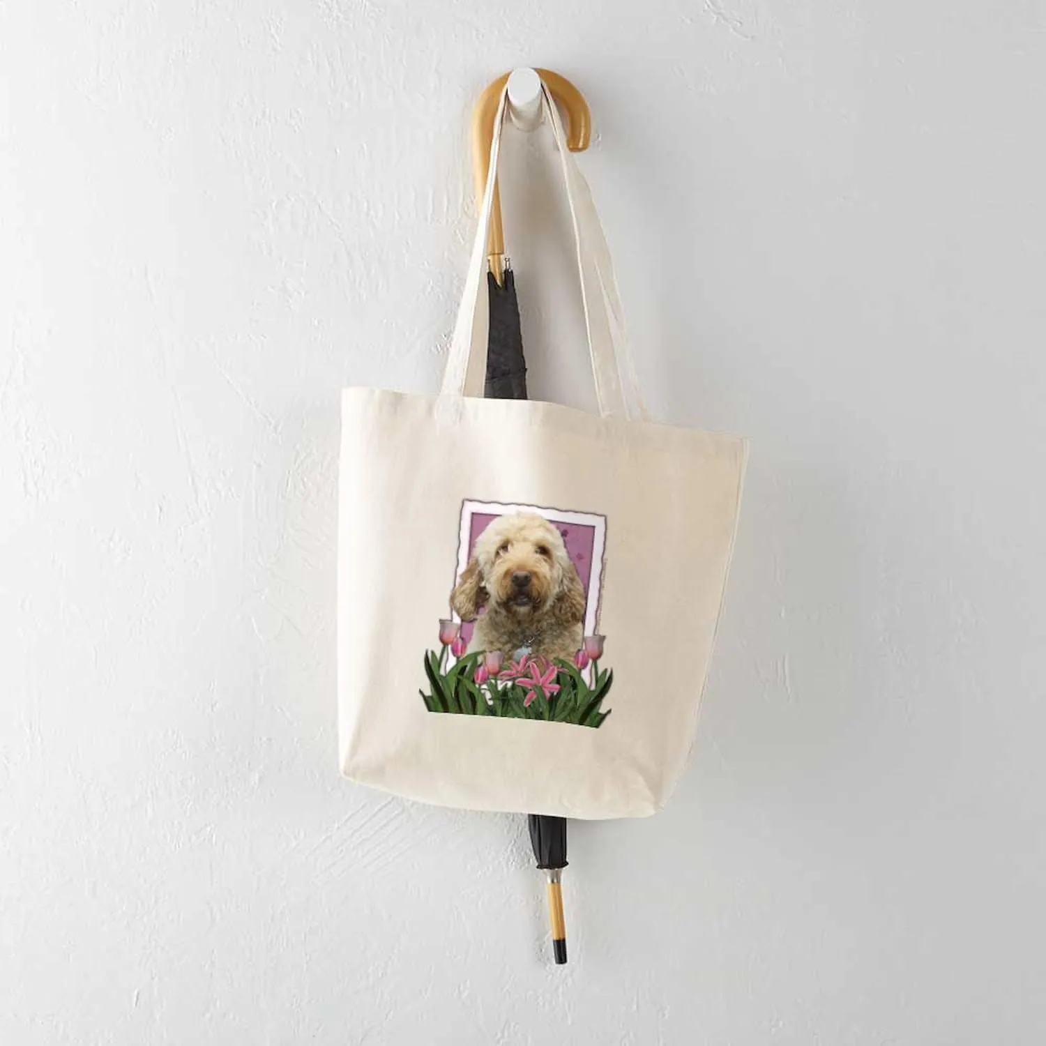 CafePress Mothers Day Goldendoodle Pink Tulips Tote Bag Natural Canvas Tote Bag, Reusable Shopping Bag