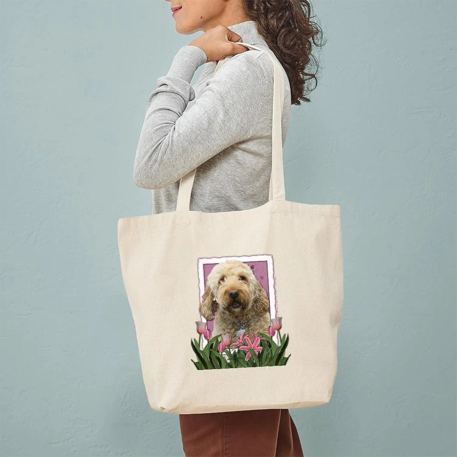CafePress Mothers Day Goldendoodle Pink Tulips Tote Bag Natural Canvas Tote Bag, Reusable Shopping Bag