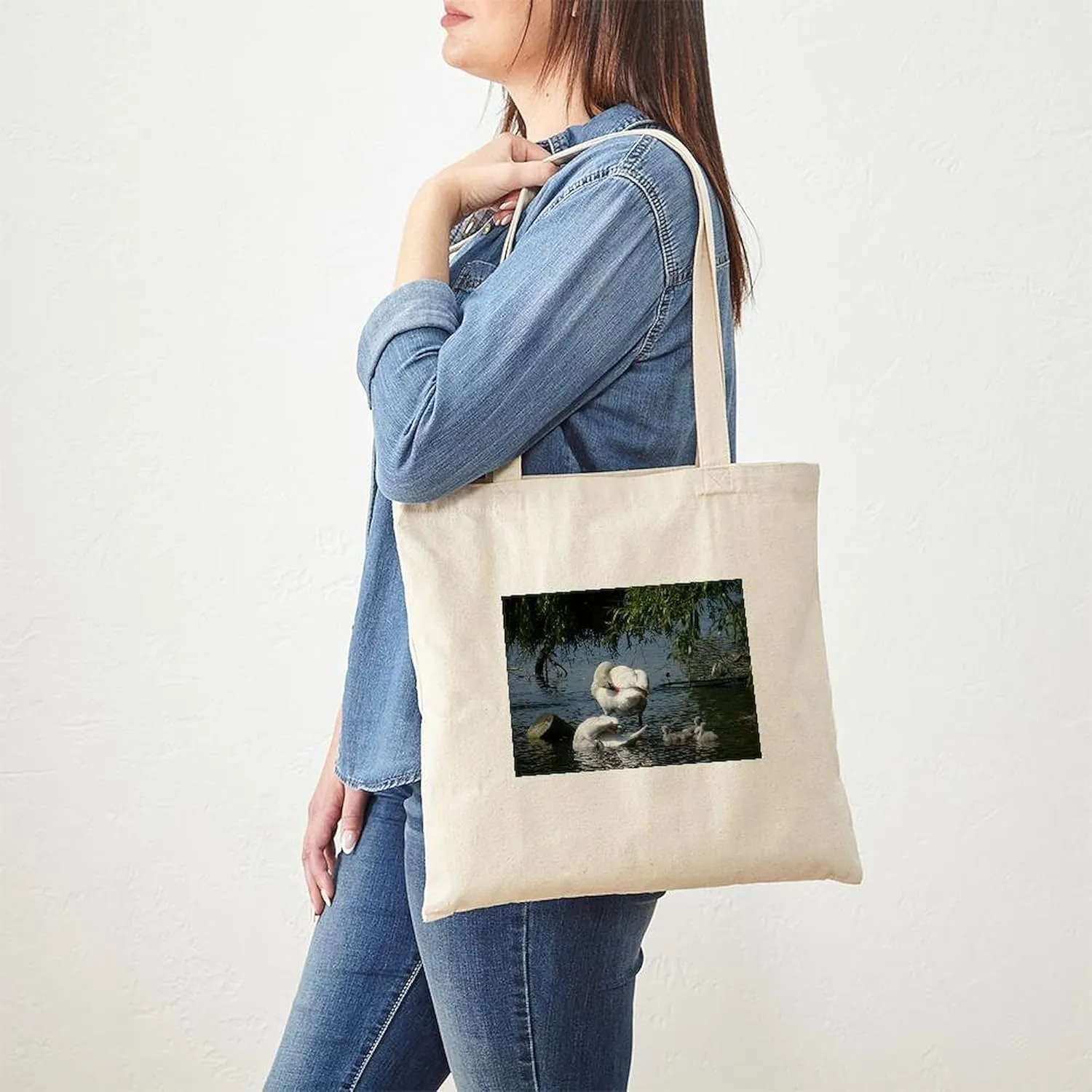 CafePress Swan And Cygnets Tote Bag Natural Canvas Tote Bag, Reusable Shopping Bag