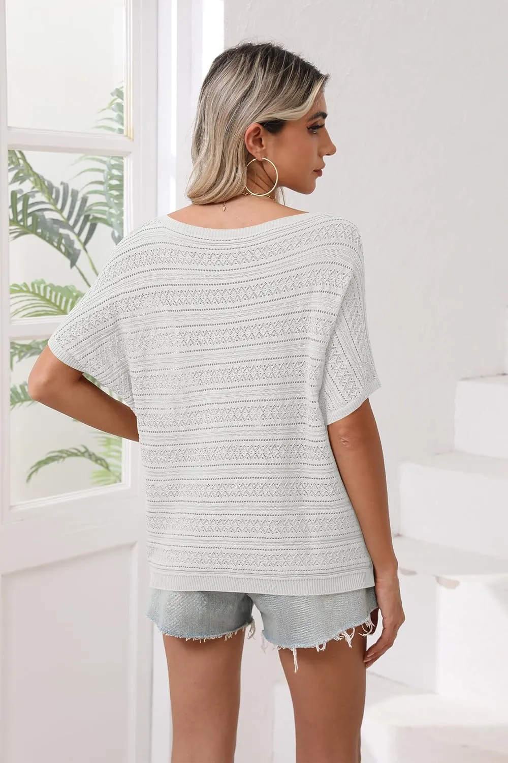 Cakulo Summer Off The Shoulder Tops for Women Crochet Short Sleeve Batwing Knit Spring Oversized Sweater Top