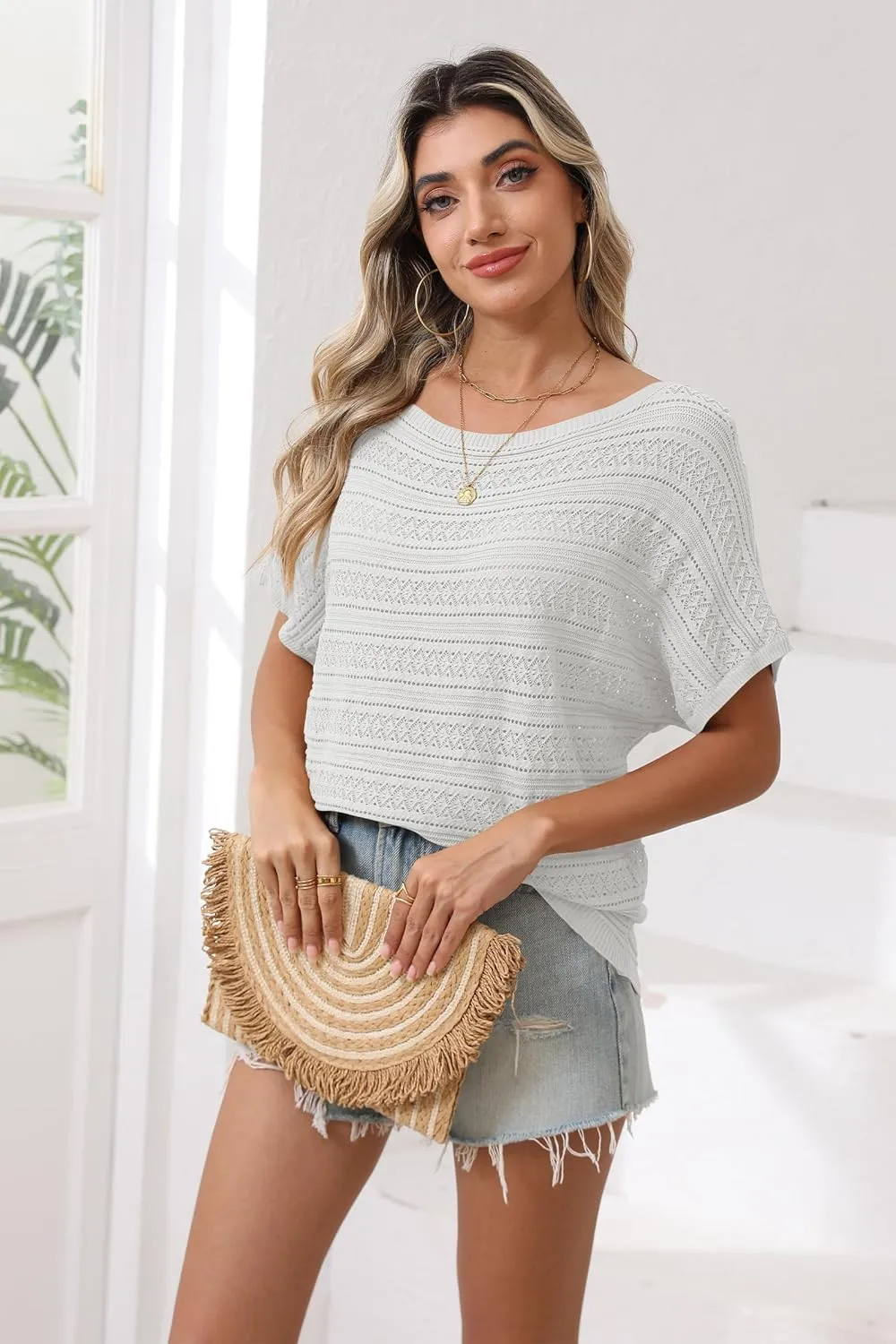 Cakulo Summer Off The Shoulder Tops for Women Crochet Short Sleeve Batwing Knit Spring Oversized Sweater Top
