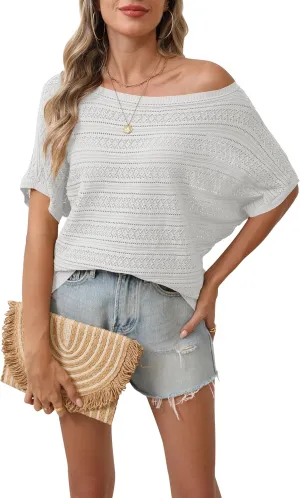 Cakulo Summer Off The Shoulder Tops for Women Crochet Short Sleeve Batwing Knit Spring Oversized Sweater Top