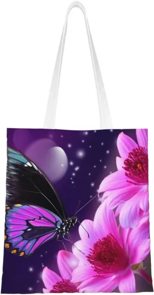 Canvas Tote Bag Aesthetic for Women Purple butterfly and flower Shopping Bags Large Tote Shoulder Bag Reusable Grocery Bags Hobo Bags Casual Handbags Cute Cloth Bags Birthday Gifts